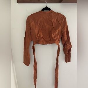 DISSH linen tie back long sleeve crop top orange brown 8